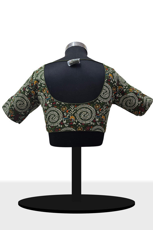 Women's Blouse Padded Cotton Blend Front Open Saree Blouse with Round Neck Princess Cut and Elbow Sleeves - Mehandi - 1623