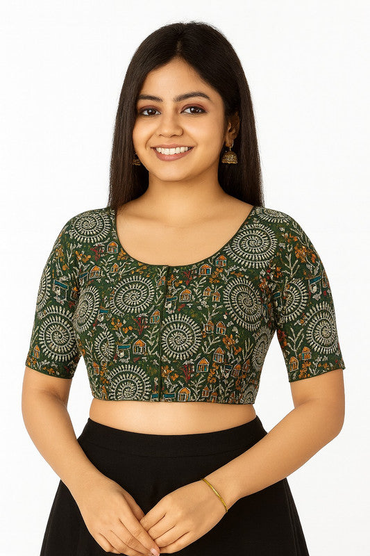 Women's Blouse Padded Cotton Blend Front Open Saree Blouse with Round Neck Princess Cut and Elbow Sleeves - Mehandi - 1623