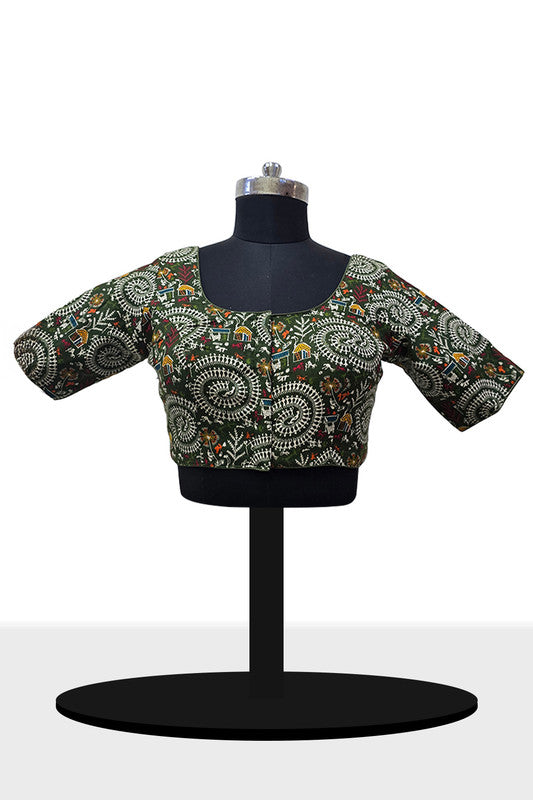 Women's Blouse Padded Cotton Blend Front Open Saree Blouse with Round Neck Princess Cut and Elbow Sleeves - Mehandi - 1623