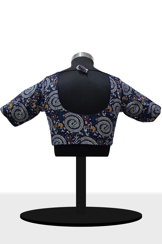 Women's Blouse Padded Cotton Blend Front Open Saree Blouse with Round Neck Princess Cut and Elbow Sleeves - Navy Blue - 1623