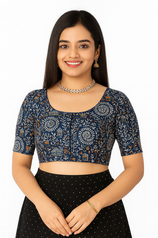 Women's Blouse Padded Cotton Blend Front Open Saree Blouse with Round Neck Princess Cut and Elbow Sleeves - Navy Blue - 1623