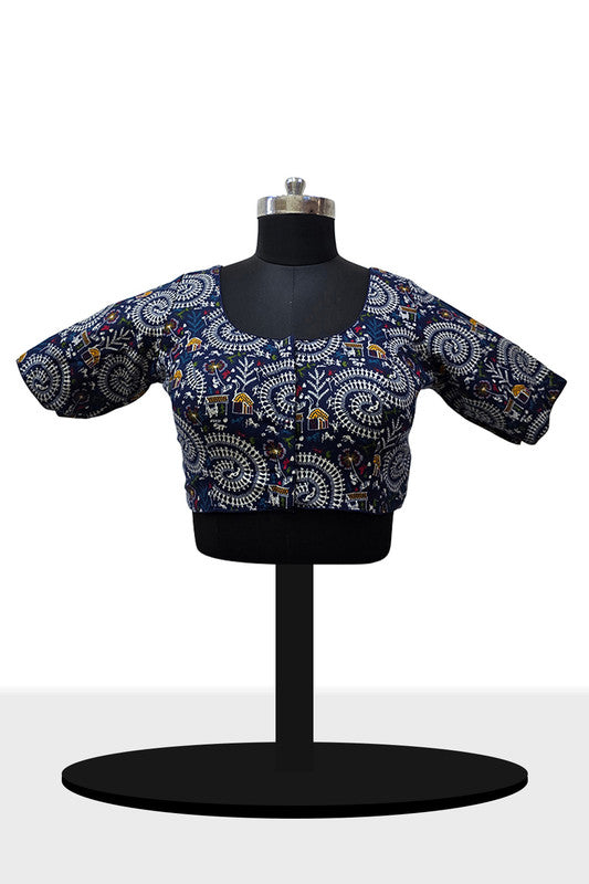 Women's Blouse Padded Cotton Blend Front Open Saree Blouse with Round Neck Princess Cut and Elbow Sleeves - Navy Blue - 1623