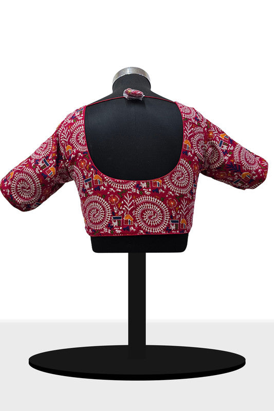 Women's Blouse Padded Cotton Blend Front Open Saree Blouse with Round Neck Princess Cut and Elbow Sleeves - Rani - 1623