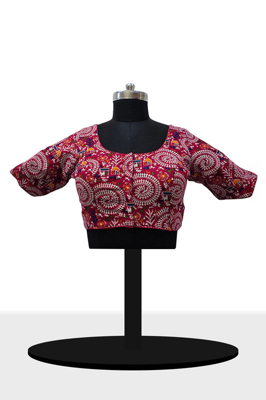 Women's Blouse Padded Cotton Blend Front Open Saree Blouse with Round Neck Princess Cut and Elbow Sleeves - Rani - 1623