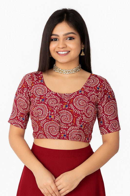 Women's Blouse Padded Cotton Blend Front Open Saree Blouse with Round Neck Princess Cut and Elbow Sleeves - Rani - 1623