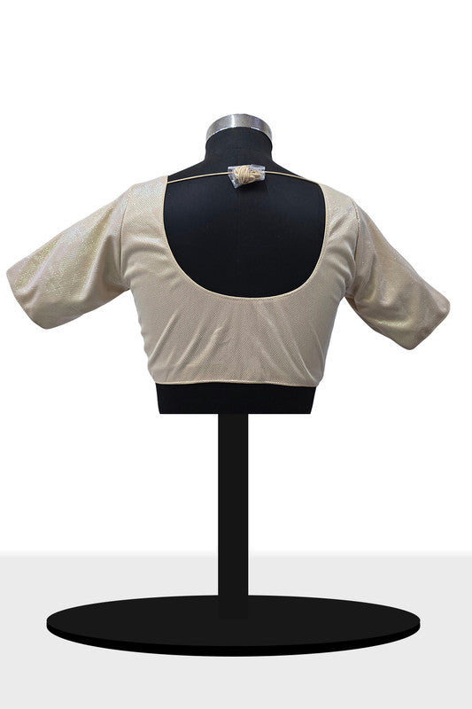 Women's Blouse Silk Blend Padded Front Open Round Neck Princess Cut Elbow Sleeve Shimmer Saree Blouse - Gold - 1633