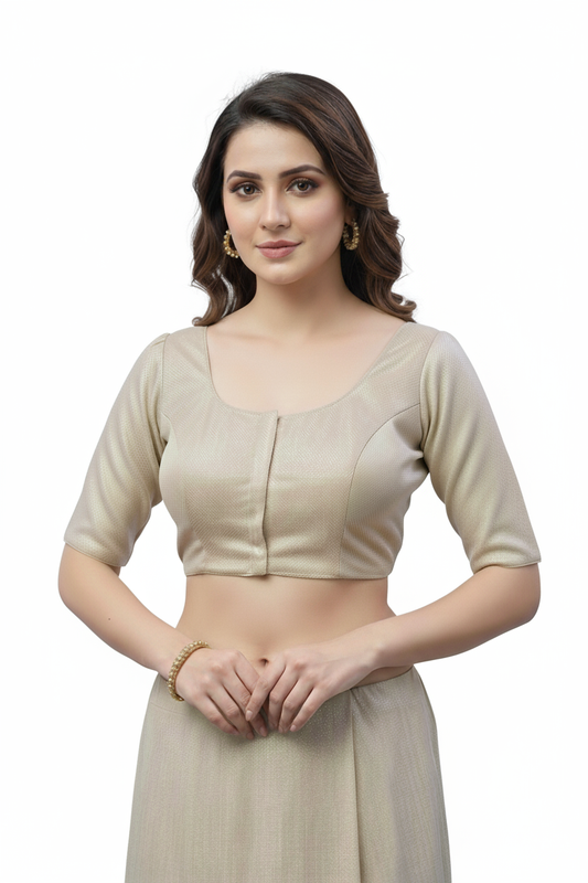 Women's Blouse Silk Blend Padded Front Open Round Neck Princess Cut Elbow Sleeve Shimmer Saree Blouse - Gold - 1633