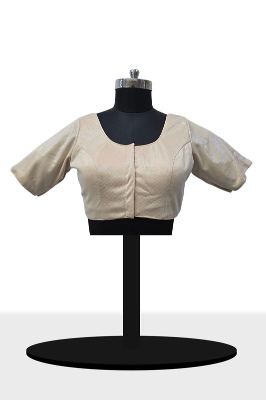 Women's Blouse Silk Blend Padded Front Open Round Neck Princess Cut Elbow Sleeve Shimmer Saree Blouse - Gold - 1633