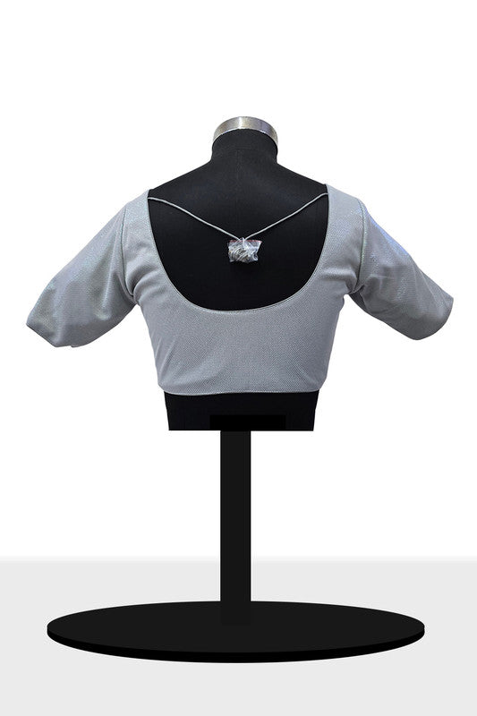 Women's Blouse Silk Blend Padded Front Open Round Neck Princess Cut Elbow Sleeve Shimmer Saree Blouse - Grey - 1633