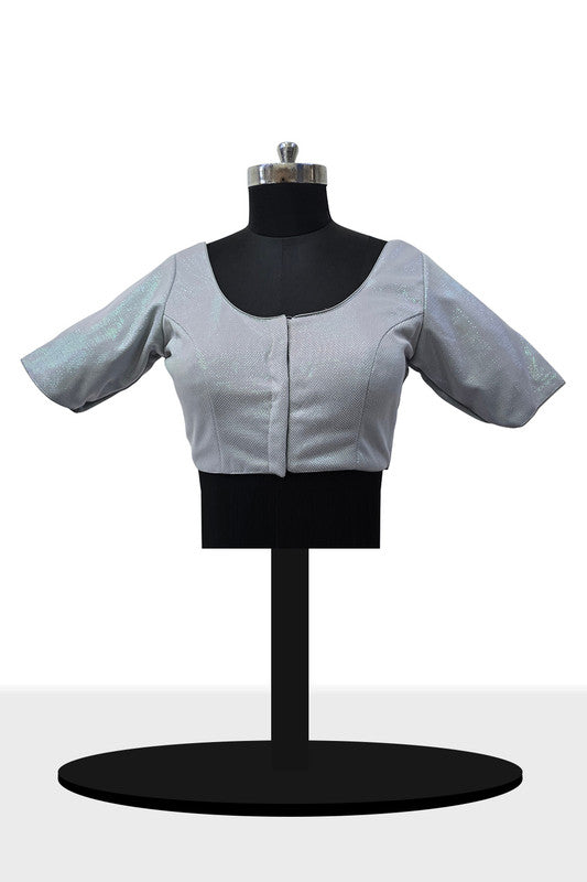 Women's Blouse Silk Blend Padded Front Open Round Neck Princess Cut Elbow Sleeve Shimmer Saree Blouse - Grey - 1633