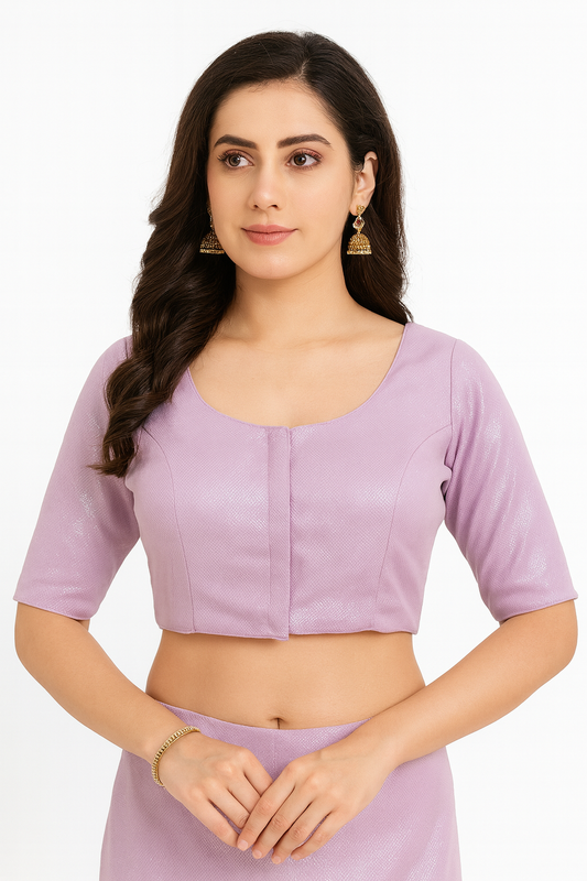 Women's Blouse Silk Blend Padded Front Open Round Neck Princess Cut Elbow Sleeve Shimmer Saree Blouse - Lavender - 1633