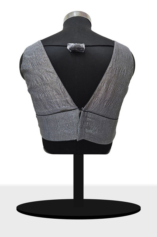 Women's Blouse Silk Blend Organza Padded Back Open V Neck Princess Cut Sleeveless Saree Blouse with Attachable Sleeves - Black - 1638