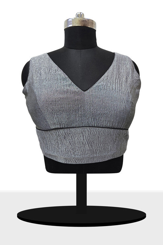 Women's Blouse Silk Blend Organza Padded Back Open V Neck Princess Cut Sleeveless Saree Blouse with Attachable Sleeves - Black - 1638