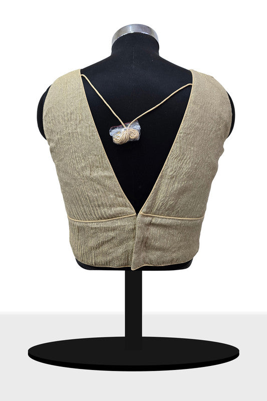 Women's Blouse Silk Blend Organza Padded Back Open V Neck Princess Cut Sleeveless Saree Blouse with Attachable Sleeves - Gold - 1638