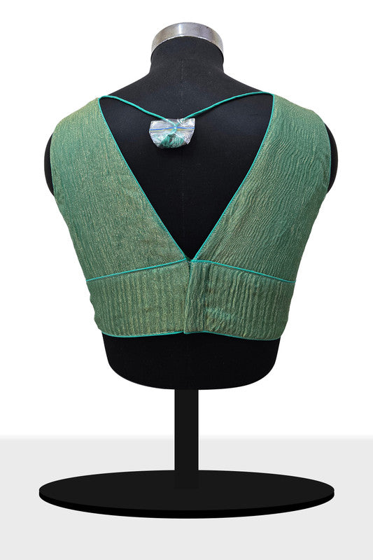 Women's Blouse Silk Blend Organza Padded Back Open V Neck Princess Cut Sleeveless Saree Blouse with Attachable Sleeves - Green - 1638