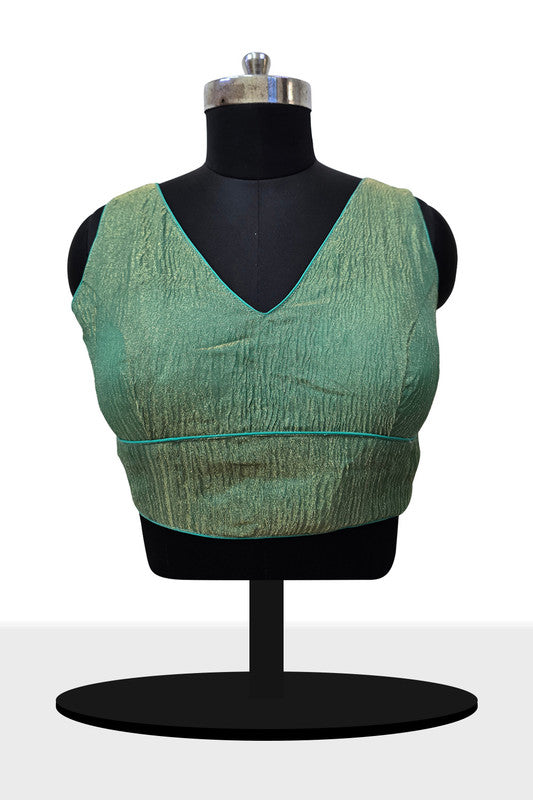 Women's Blouse Silk Blend Organza Padded Back Open V Neck Princess Cut Sleeveless Saree Blouse with Attachable Sleeves - Green - 1638