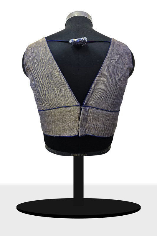 Women's Blouse Silk Blend Organza Padded Back Open V Neck Princess Cut Sleeveless Saree Blouse with Attachable Sleeves - Navy Blue - 1638