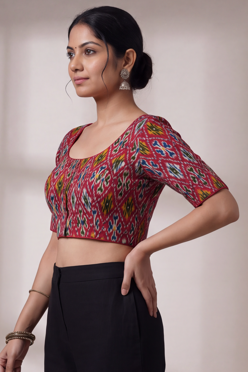 Women's Prints Cotton Blend Saree Blouse with U-neck, Elbow Sleeve and Regular Fit | Ready-to-Wear Saree Blouse for Daily Wear & Festive Wear - 641A