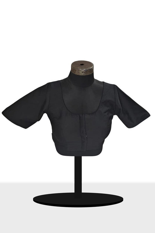 Women's Blouse Silk Blend Padded Front Open Round Neck Princess Cut Elbow Sleeve Solid Saree Blouse with Round Back - Black - 4050