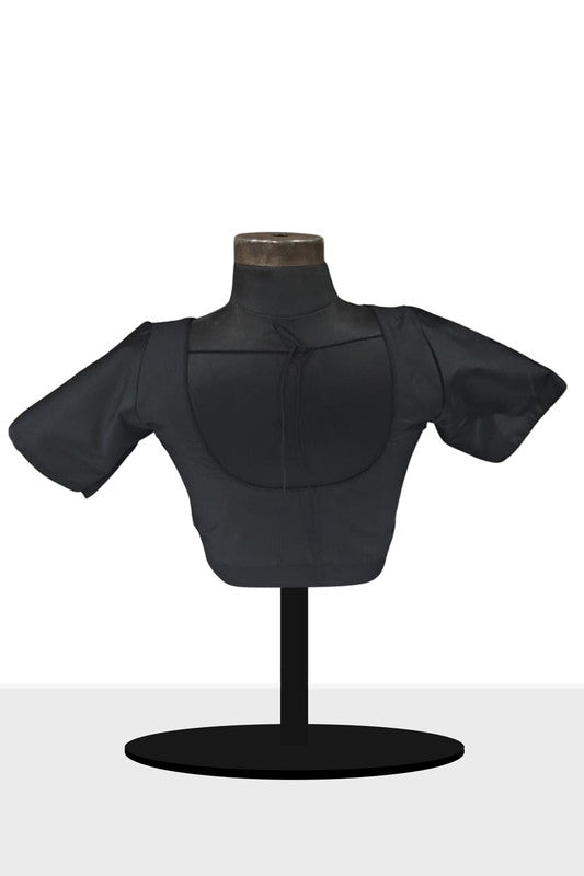 Women's Blouse Silk Blend Padded Front Open Round Neck Princess Cut Elbow Sleeve Solid Saree Blouse with Round Back - Black - 4050