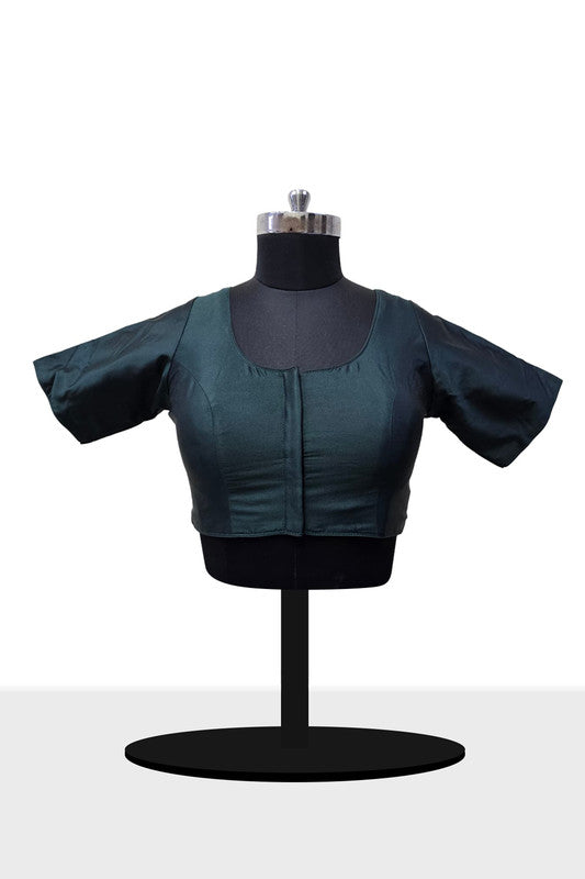 Women's Blouse Silk Blend Padded Front Open Round Neck Princess Cut Elbow Sleeve Solid Saree Blouse with Round Back - Bottle Green - 4050