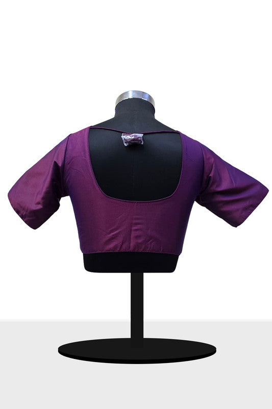 Women's Blouse Silk Blend Padded Front Open Round Neck Princess Cut Elbow Sleeve Solid Saree Blouse with Round Back - Dark Magenta - 4050