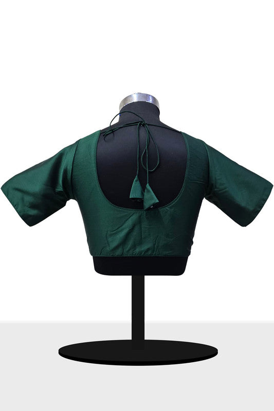 Women's Blouse Silk Blend Padded Front Open Round Neck Princess Cut Elbow Sleeve Solid Saree Blouse with Round Back - Green - 4050