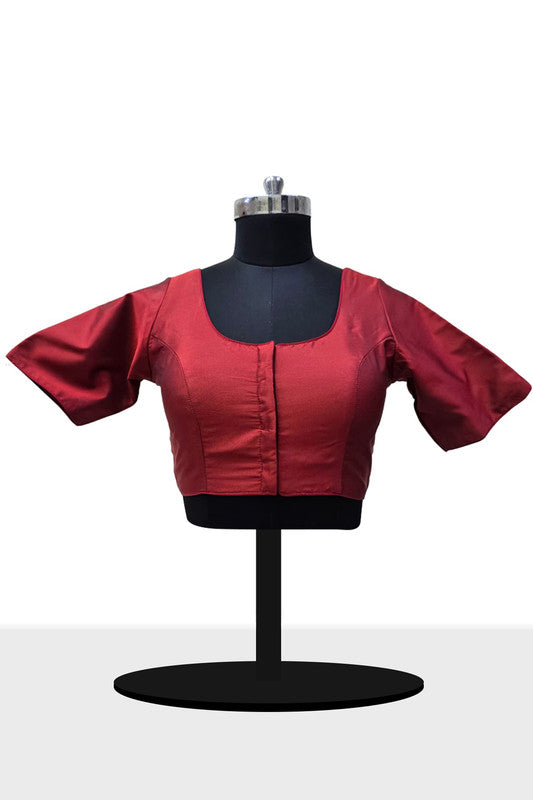 Women's Blouse Silk Blend Padded Front Open Round Neck Princess Cut Elbow Sleeve Solid Saree Blouse with Round Back - Maroon - 4050