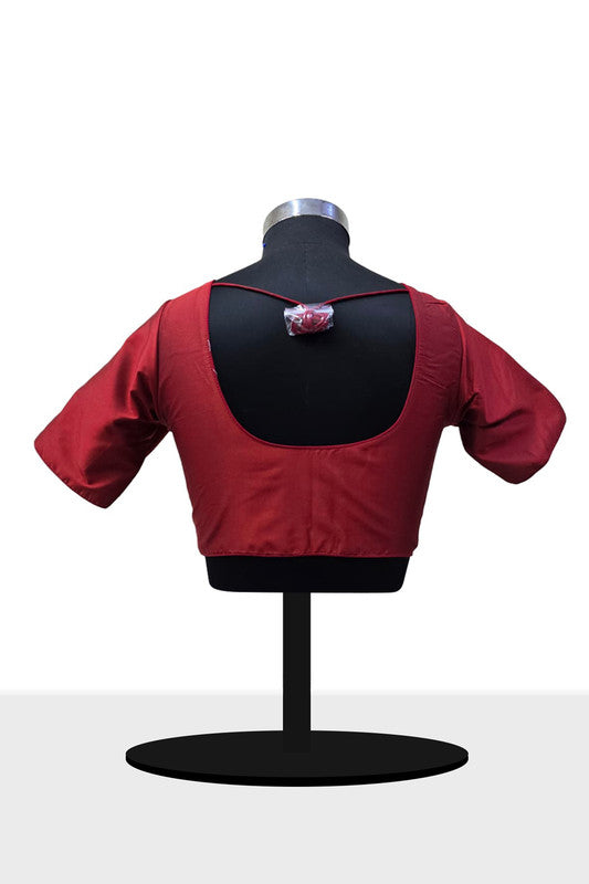 Women's Blouse Silk Blend Padded Front Open Round Neck Princess Cut Elbow Sleeve Solid Saree Blouse with Round Back - Maroon - 4050