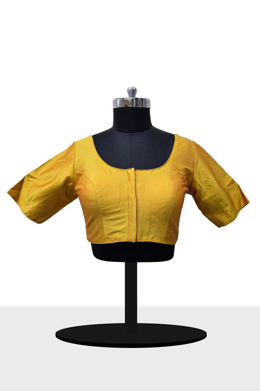 Women's Blouse Silk Blend Padded Front Open Round Neck Princess Cut Elbow Sleeve Solid Saree Blouse with Round Back - Mustard - 4050