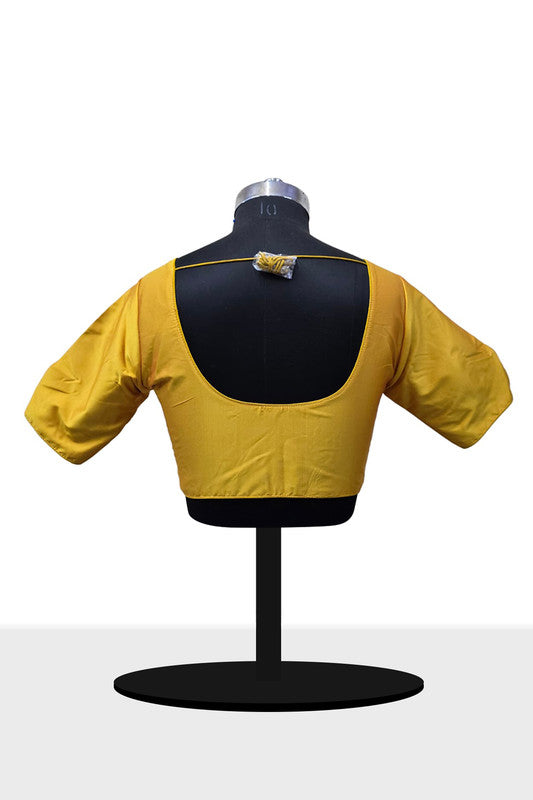Women's Blouse Silk Blend Padded Front Open Round Neck Princess Cut Elbow Sleeve Solid Saree Blouse with Round Back - Mustard - 4050
