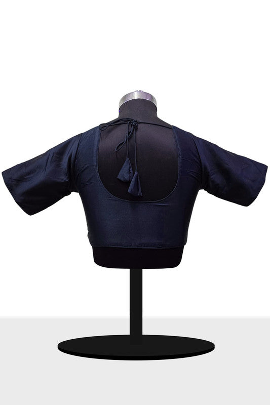 Women's Blouse Silk Blend Padded Front Open Round Neck Princess Cut Elbow Sleeve Solid Saree Blouse with Round Back - Navy Blue - 4050