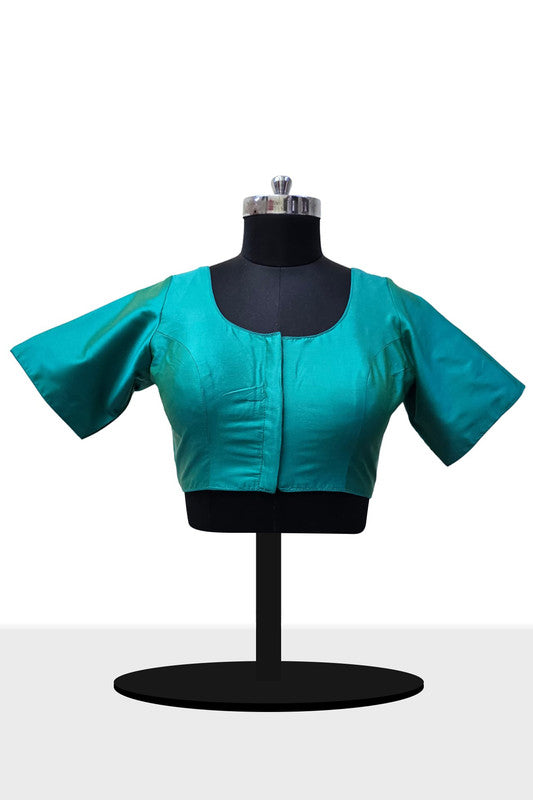 Women's Blouse Silk Blend Padded Front Open Round Neck Princess Cut Elbow Sleeve Solid Saree Blouse with Round Back - Rama Green - 4050