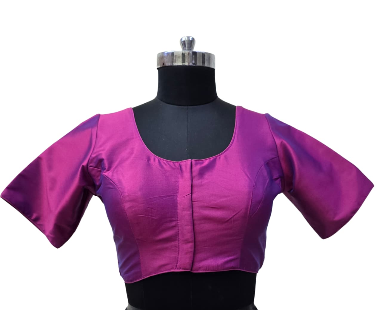 Women's Blouse Silk Blend Padded Front Open Round Neck Princess Cut Elbow Sleeve Solid Saree Blouse with Round Back - Magenta - 4050