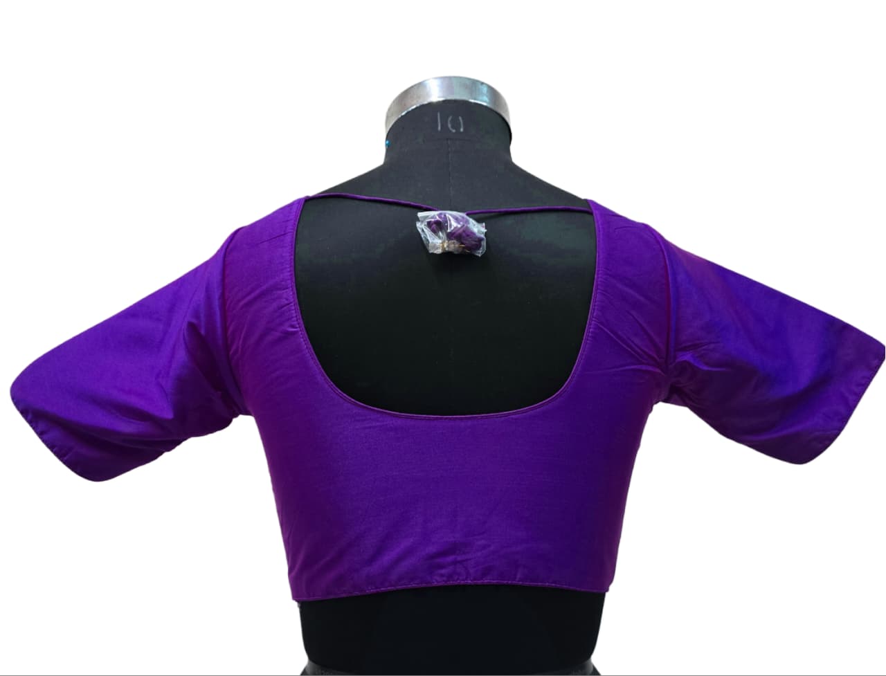 Women's Blouse Silk Blend Padded Front Open Round Neck Princess Cut Elbow Sleeve Solid Saree Blouse with Round Back - Wine - 4050