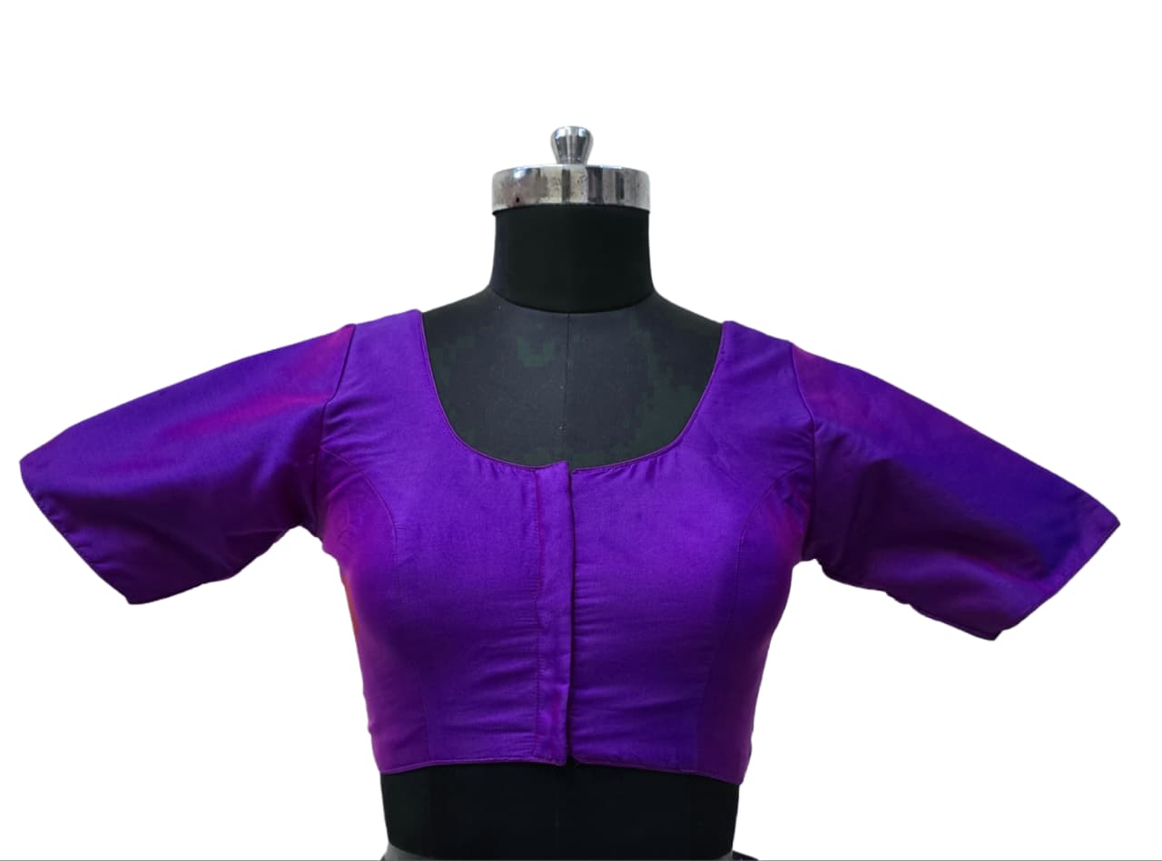 Women's Blouse Silk Blend Padded Front Open Round Neck Princess Cut Elbow Sleeve Solid Saree Blouse with Round Back - Wine - 4050