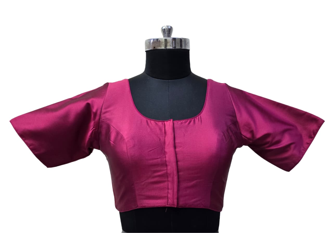Women's Blouse Silk Blend Padded Front Open Round Neck Princess Cut Elbow Sleeve Solid Saree Blouse with Round Back - Red - 4050