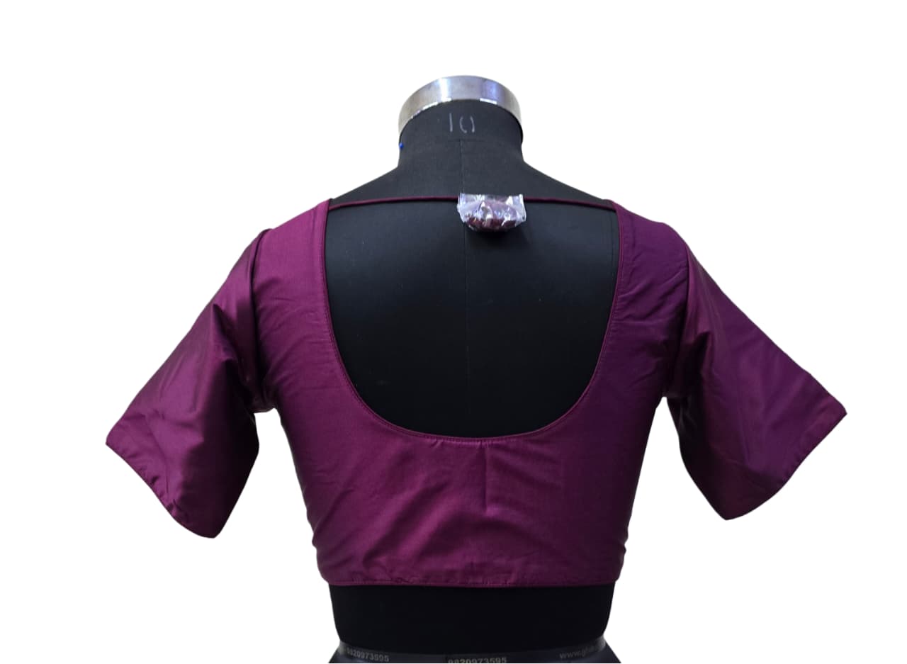 Women's Blouse Silk Blend Padded Front Open Round Neck Princess Cut Elbow Sleeve Solid Saree Blouse with Round Back - Purple - 4050