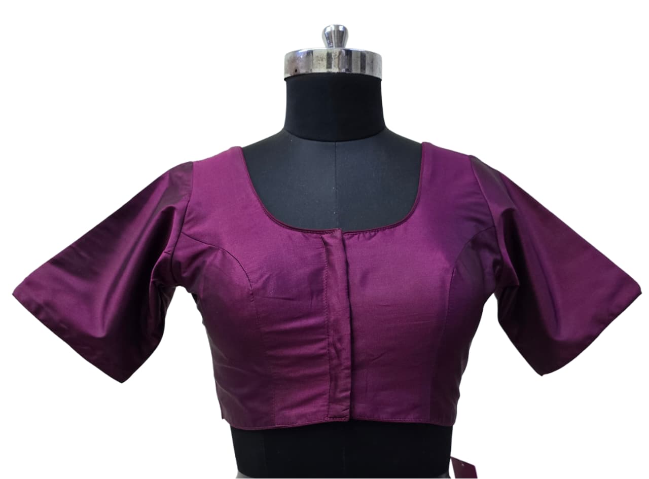 Women's Blouse Silk Blend Padded Front Open Round Neck Princess Cut Elbow Sleeve Solid Saree Blouse with Round Back - Purple - 4050