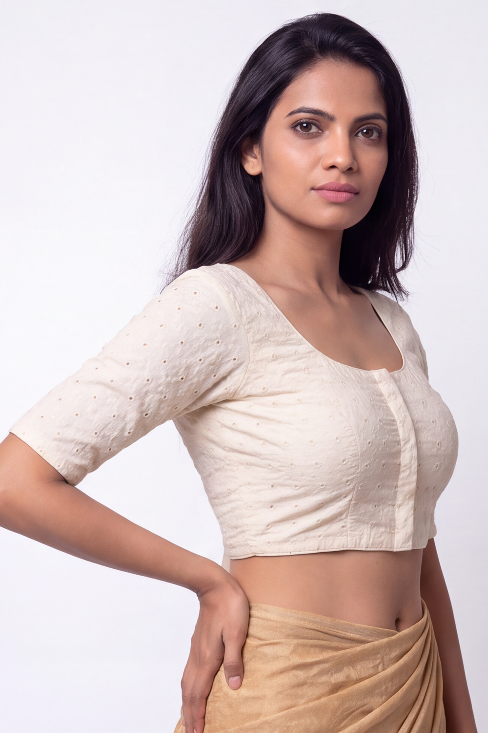 Women's Embroidery Cotton Blend Saree Blouse with U-neck, Elbow Sleeve and Regular Fit | Ready-to-Wear Saree Blouse for Daily Wear & Festive Wear - 4118