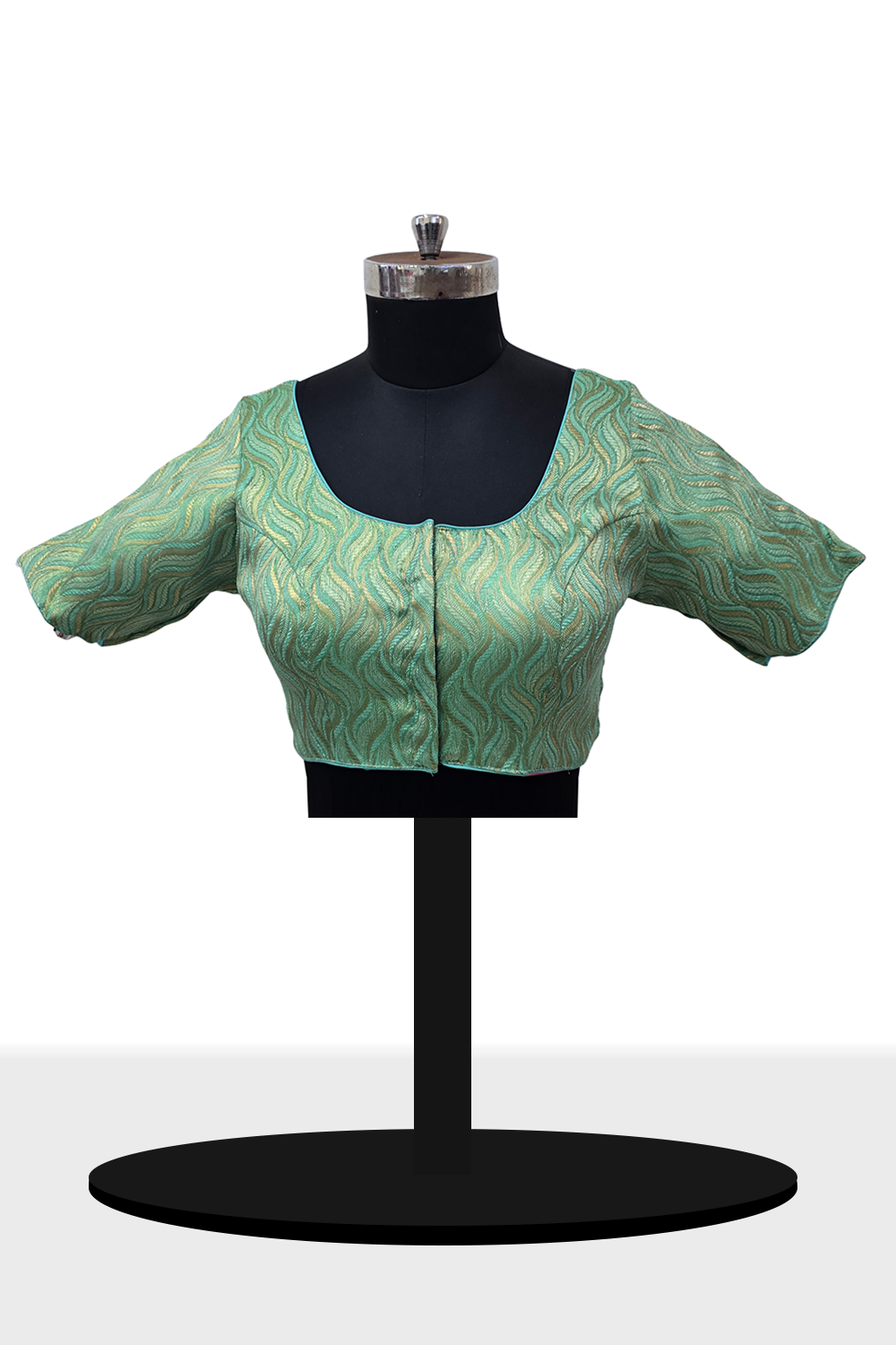 Women's Blouse Art Silk Padded Front Open Round Neck Princess Cut Elbow Sleeve Saree Blouse with Round Back - Pista Green - 4189