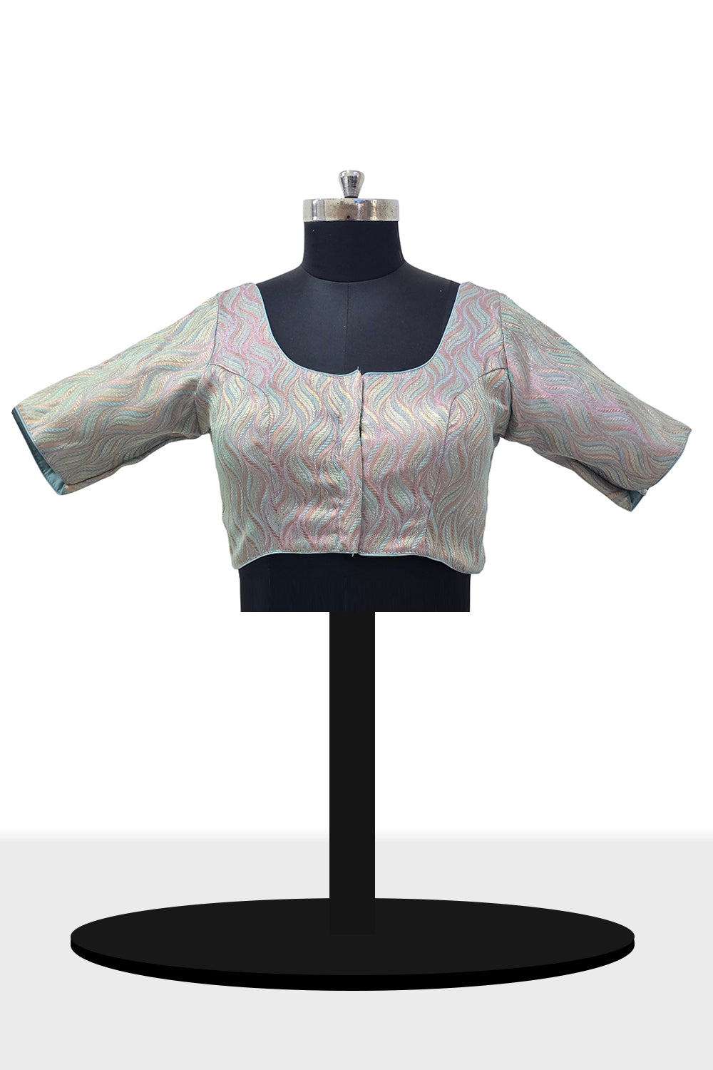 Women's Blouse Art Silk Padded Front Open Round Neck Princess Cut Elbow Sleeve Saree Blouse with Round Back - Light Blue - 4189