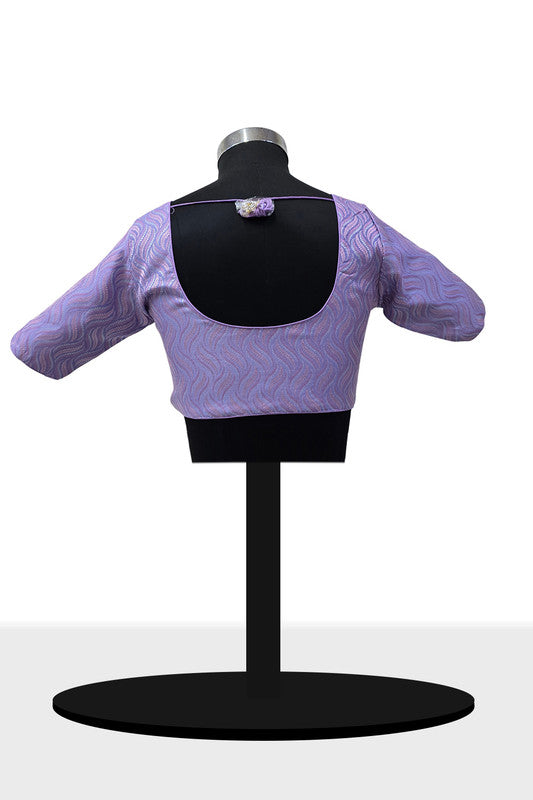 Women's Blouse Art Silk Padded Front Open Round Neck Princess Cut Elbow Sleeve Saree Blouse with Round Back - Lavender - 4193