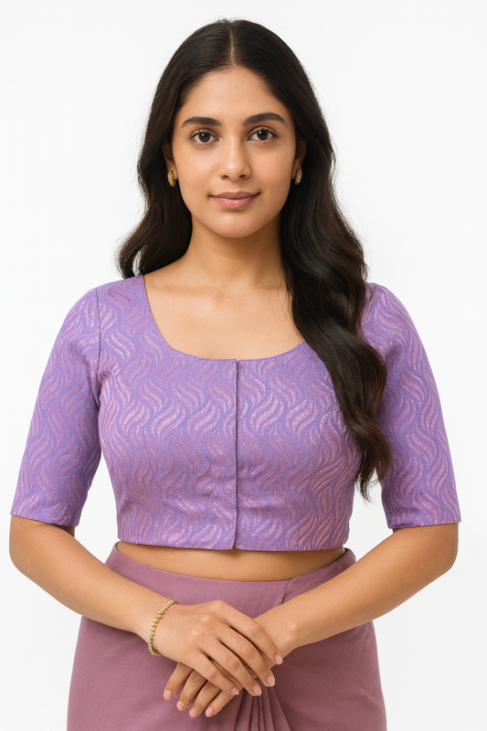 Women's Blouse Art Silk Padded Front Open Round Neck Princess Cut Elbow Sleeve Saree Blouse with Round Back - Lavender - 4193