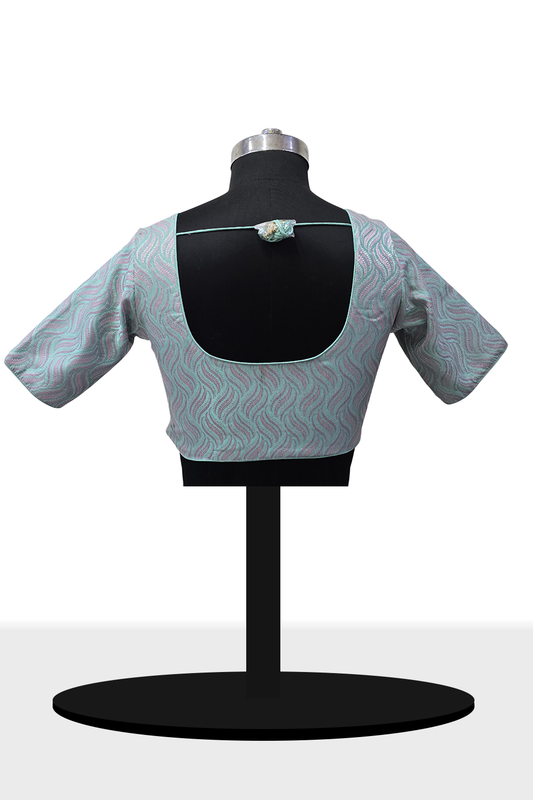 Women’s Blouse Art Silk Padded Front Open Round Neck Princess Cut Elbow Sleeve Saree Blouse with Round Back - Sea Green - 4193