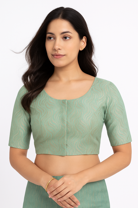 Women's Blouse Art Silk Padded Front Open Round Neck Princess Cut Elbow Sleeve Saree Blouse with Round Back - Sea Green - 4193