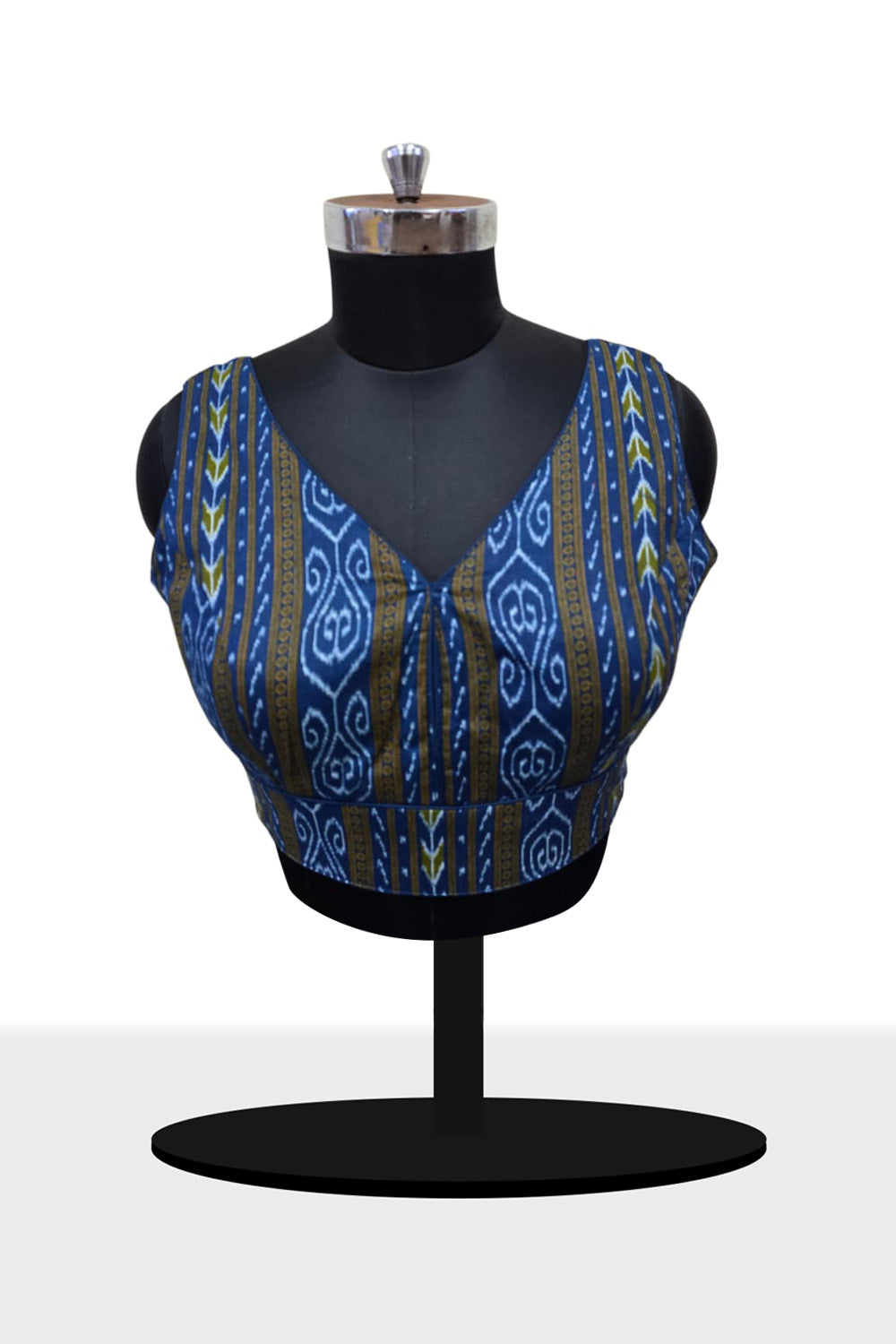 Women’s Blouse Cotton Blend Printed Padded Back Open V Neck Princess Cut Elbow Sleeve Saree Blouse with Deep V Back - Blue - 4312