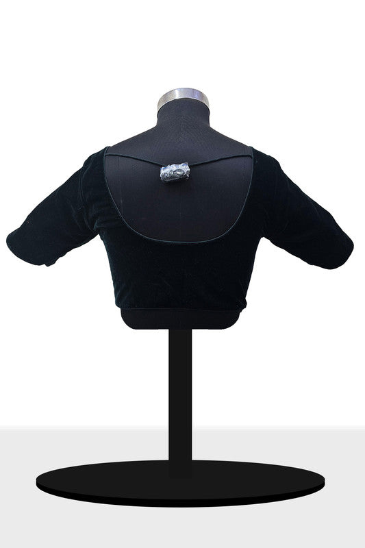 Women's Blouse Velvet Padded Front Open Round Neck Princess Cut Elbow Sleeve Saree Blouse with Round Back - Bottle Green - N972