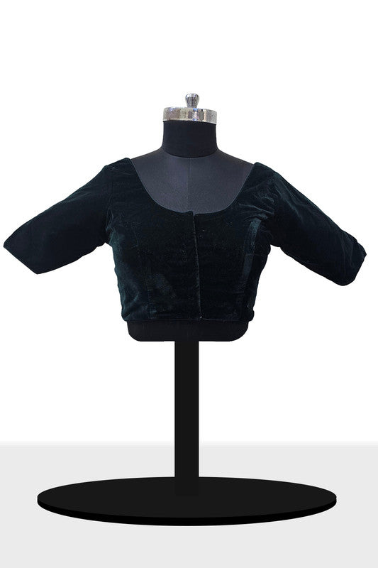Women's Blouse Velvet Padded Front Open Round Neck Princess Cut Elbow Sleeve Saree Blouse with Round Back - Bottle Green - N972