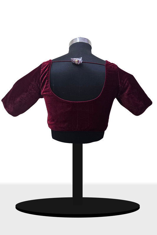 Women's Blouse Velvet Padded Front Open Round Neck Princess Cut Elbow Sleeve Saree Blouse with Round Back - Maroon - N972